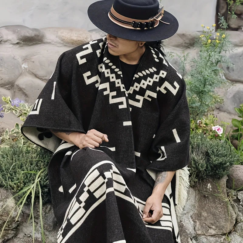 Homme assis en poncho mexicain noir à motifs géométriques écrus, chapeau à large bord