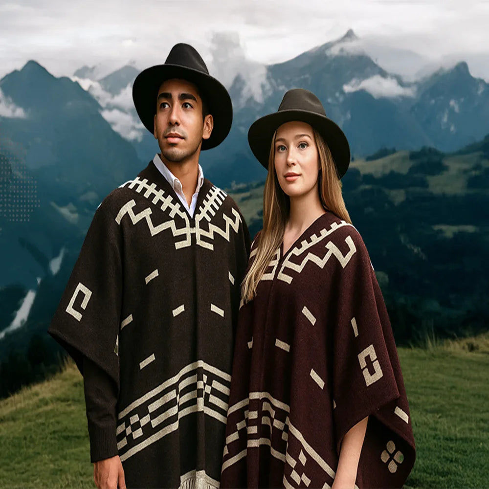 Porté par un homme et une femme en extérieur, brun à motifs géométriques écrus